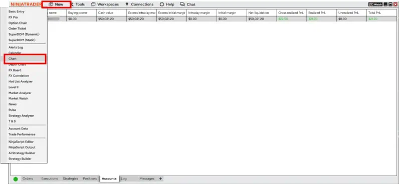 How to Set Up NinjaTrader in Australia: 2026 Step-by-Step Beginner’s Guide 8 NinjaTrader control centre showing how to create a new chart