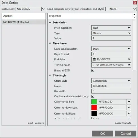How to Set Up NinjaTrader in Australia: 2026 Step-by-Step Beginner’s Guide 9 NinjaTrader platform dialogue box showing the data series options for creating a new chart